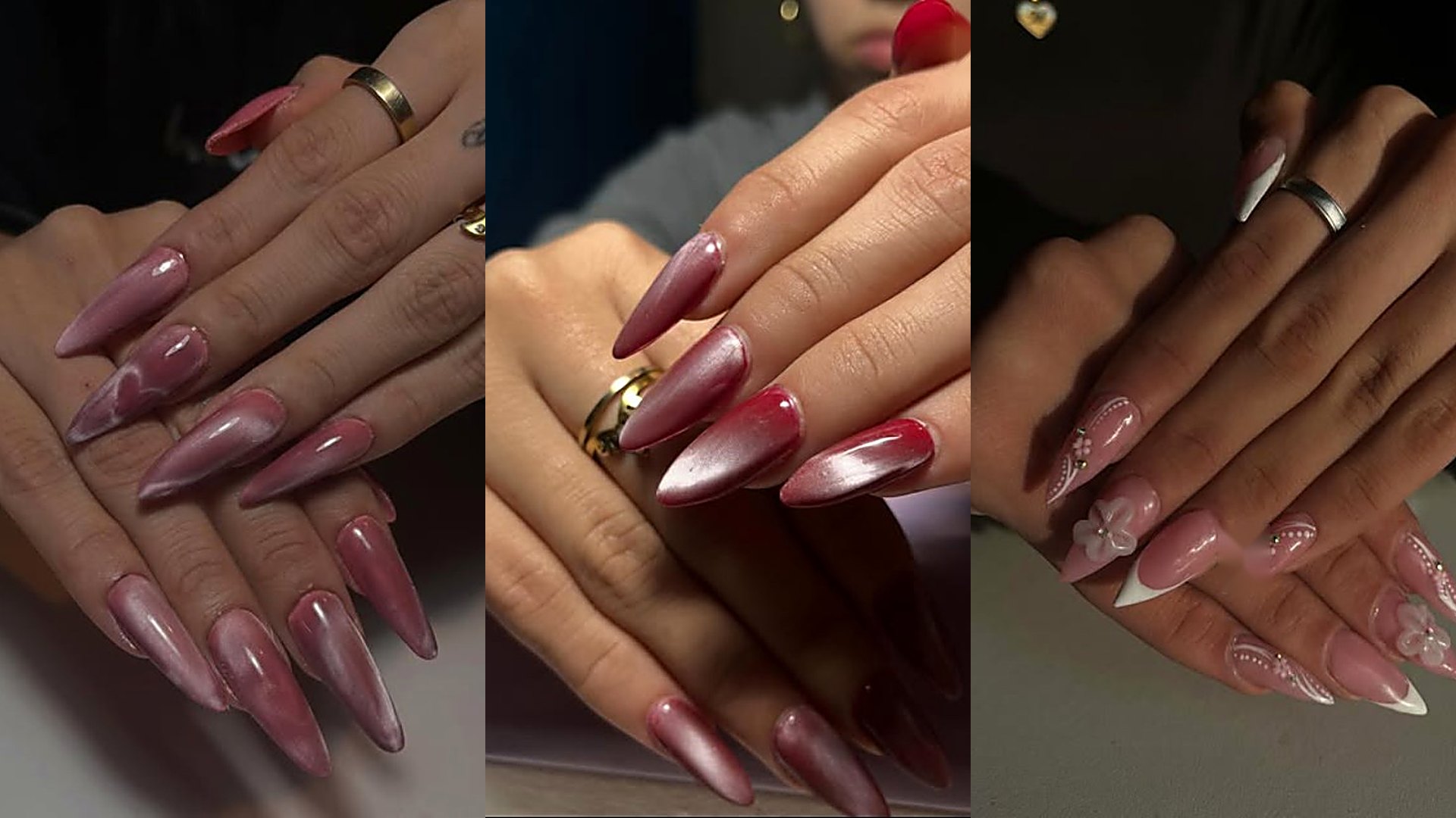 Diseños de uñas soft gel en cromado rosa, rojo y french con flores 3D hechos en Mis Bonitas Nails